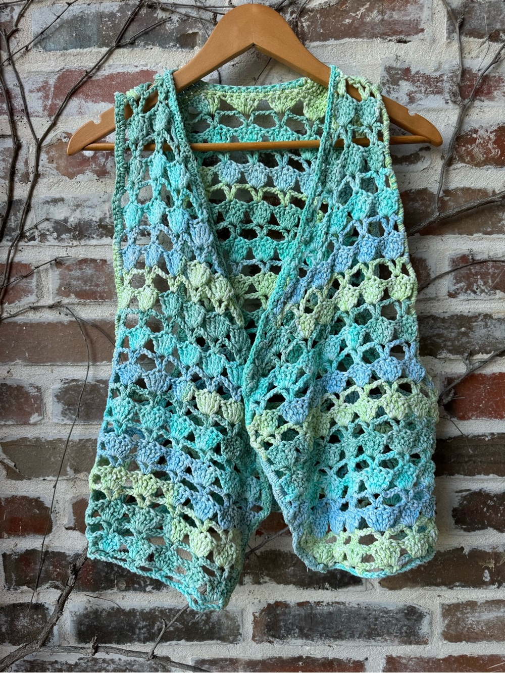 Crochet Openwork Swim Cover-Up Vest in Aqua Gradient